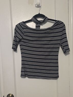 Hayden Black and White Striped Off-Shoulder Crop Top with Choker